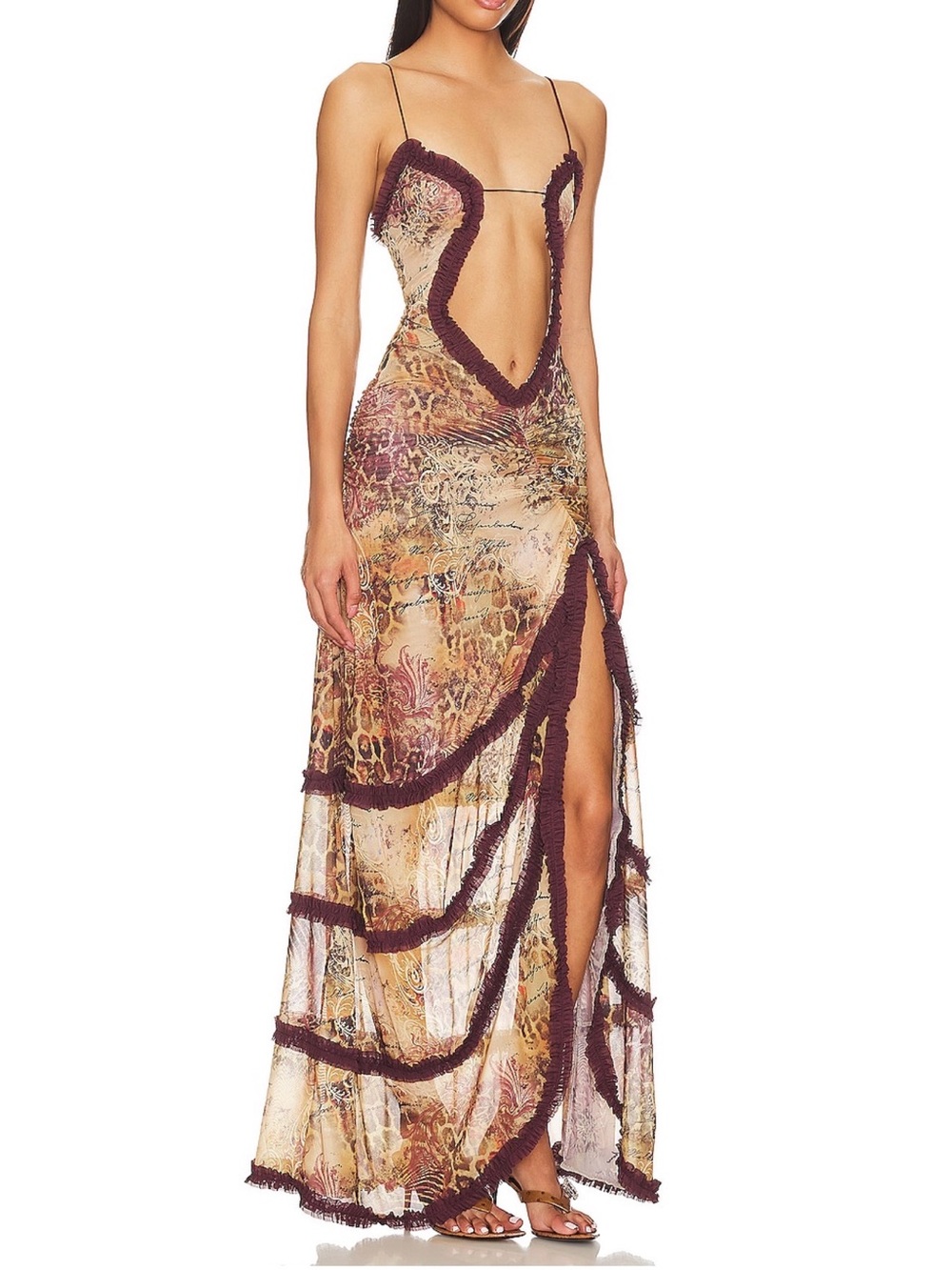 Jaded London Sheer Animal-Print Maxi Dress with Burgundy Trim - Picture 2 of 5